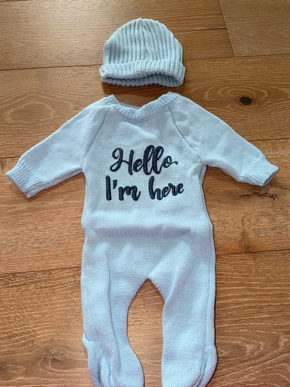 Hello I'm Here Knit One-Piece with Hat - Light Blue